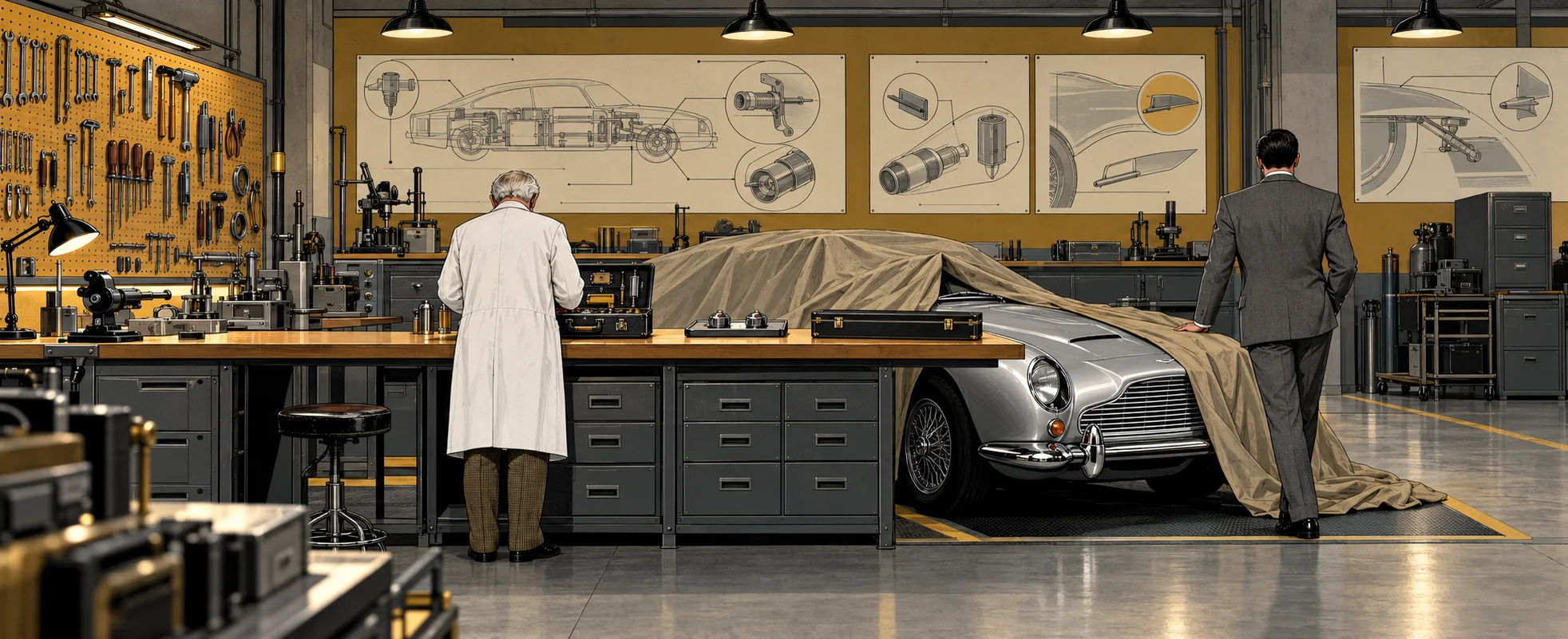 Q in a white coat works at a bench in his Q Branch workshop while Bond walks past a silver Aston Martin half hidden under a dust sheet.