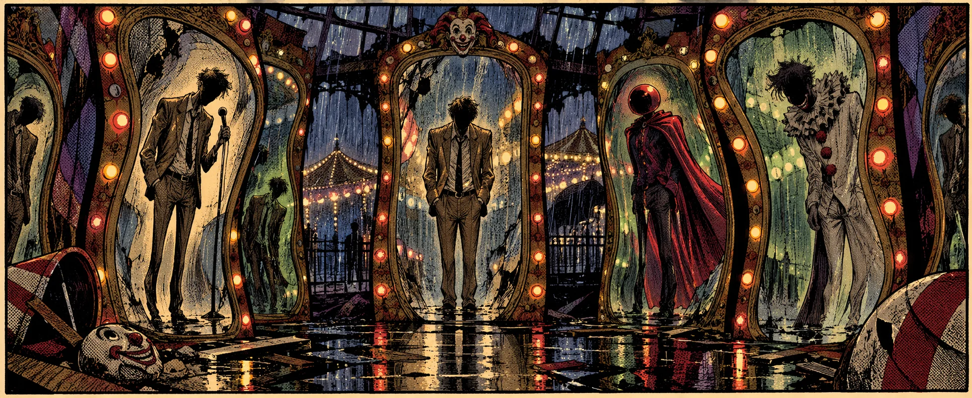 Comic illustration: a slouching man in a suit stands amid a ring of bulb-lit funhouse mirrors in a rainy, ruined fairground, his reflections showing a figure with a microphone, a red-headed caped figure and a sad clown.