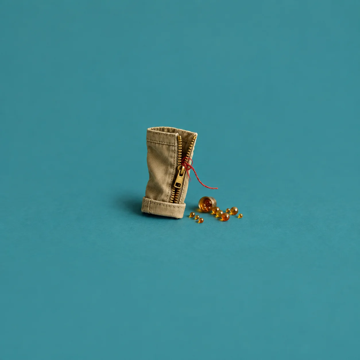 A khaki fabric cuff with a brass zip and red thread stands beside scattered amber beads on teal.