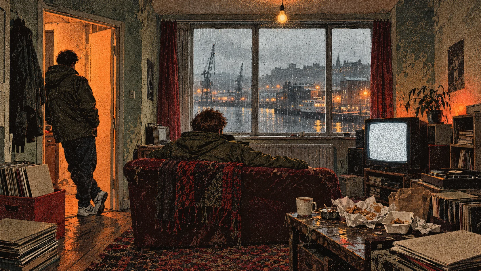 A shabby Edinburgh flat at night, one young man slumped on a sofa before a TV of static, another in the doorway, harbour cranes through the rainy window.