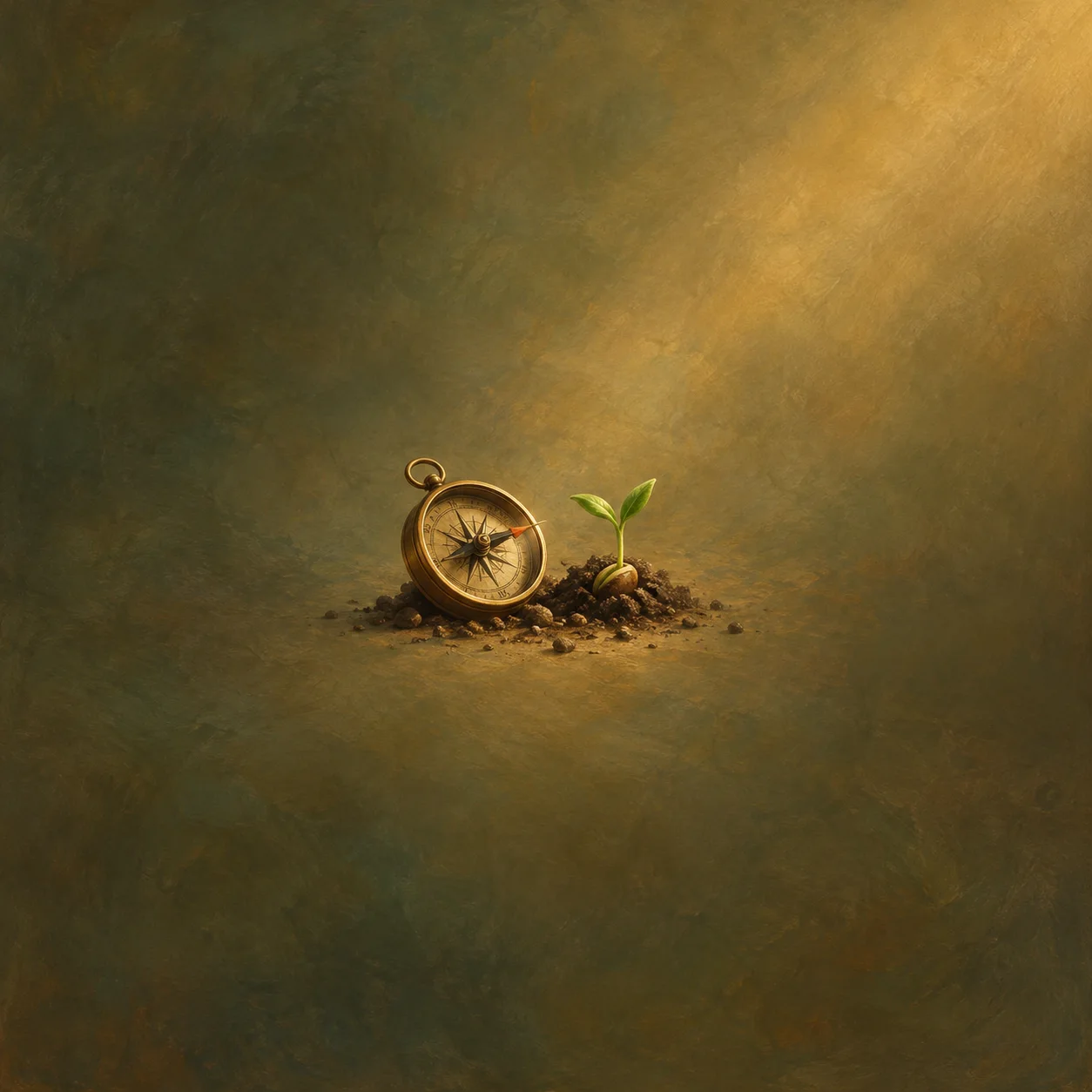 Painterly brass compass beside a small green seedling in dark soil.