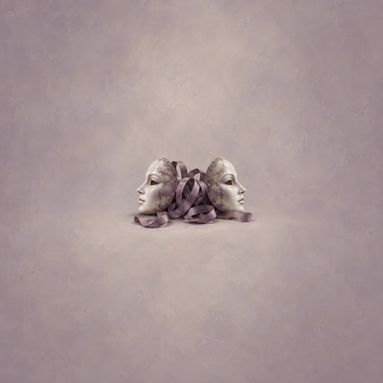 Painterly two pale face masks pointing opposite ways with tangled purple ribbon between them.