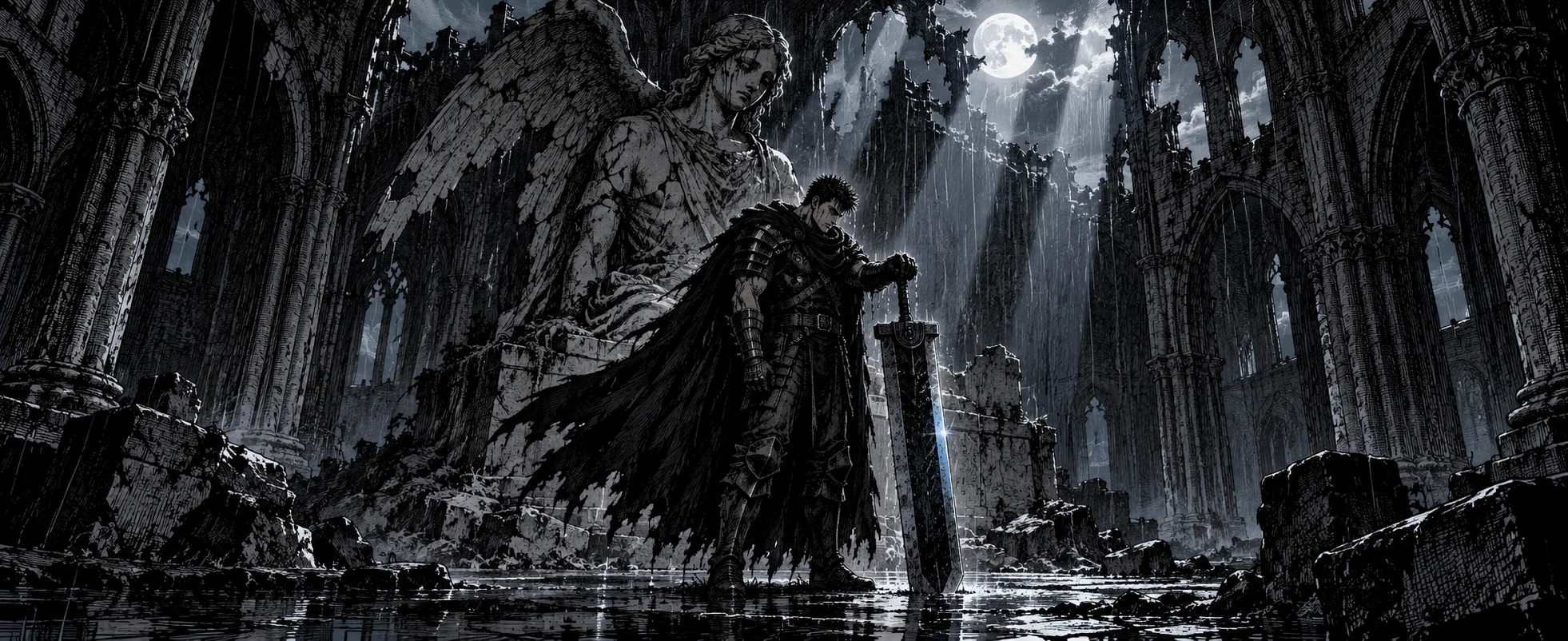 A cloaked swordsman stands in the rain-flooded ruin of a gothic cathedral beneath a crumbling stone angel, his huge sword planted at his side.