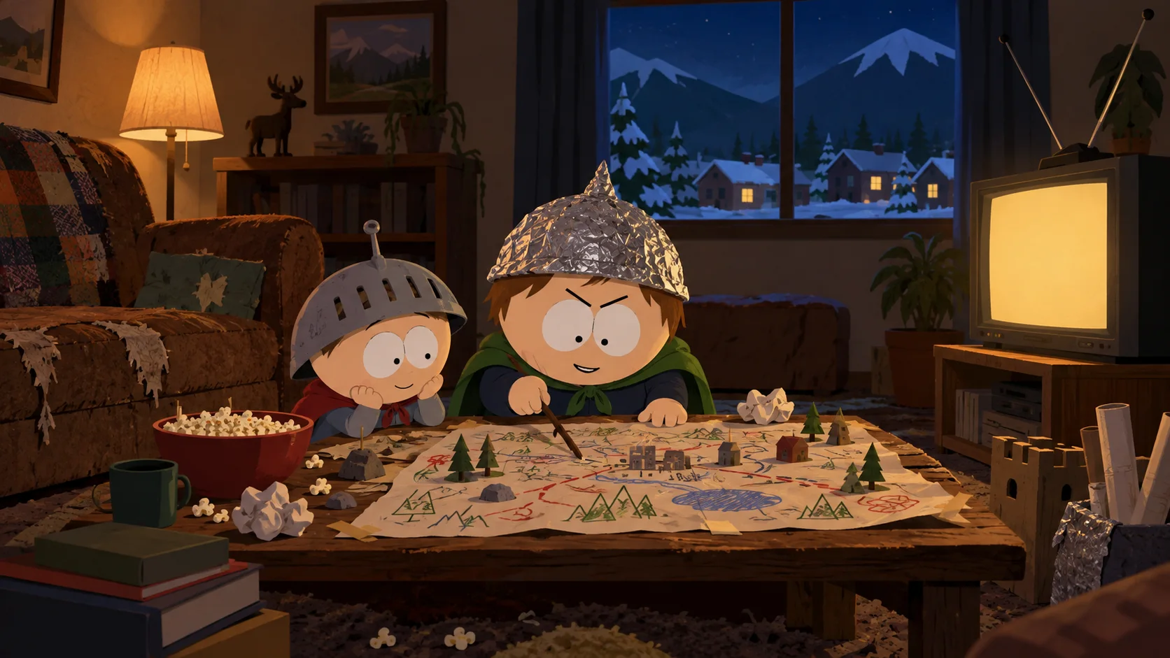 A cartoon boy in a tinfoil helmet and green cape plots over a map of the town with a small helmeted sidekick, a television glowing in the corner.
