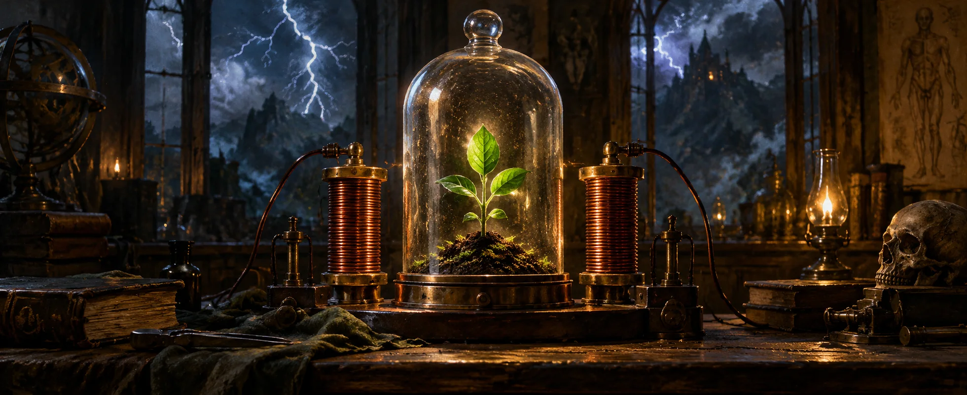 A small green seedling rises between copper coils beneath a glass bell in a storm-lit workshop.