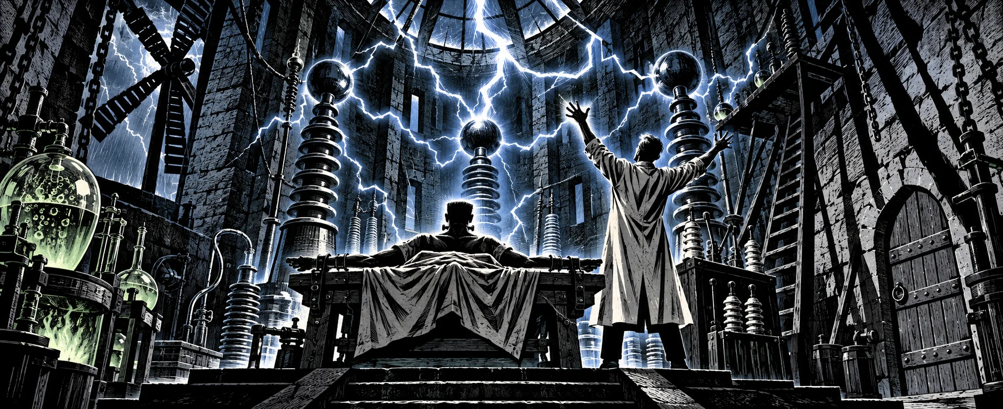 In black and white, a scientist throws up his arms as lightning crackles through the machines of a stone tower laboratory over a sheeted figure on a table.