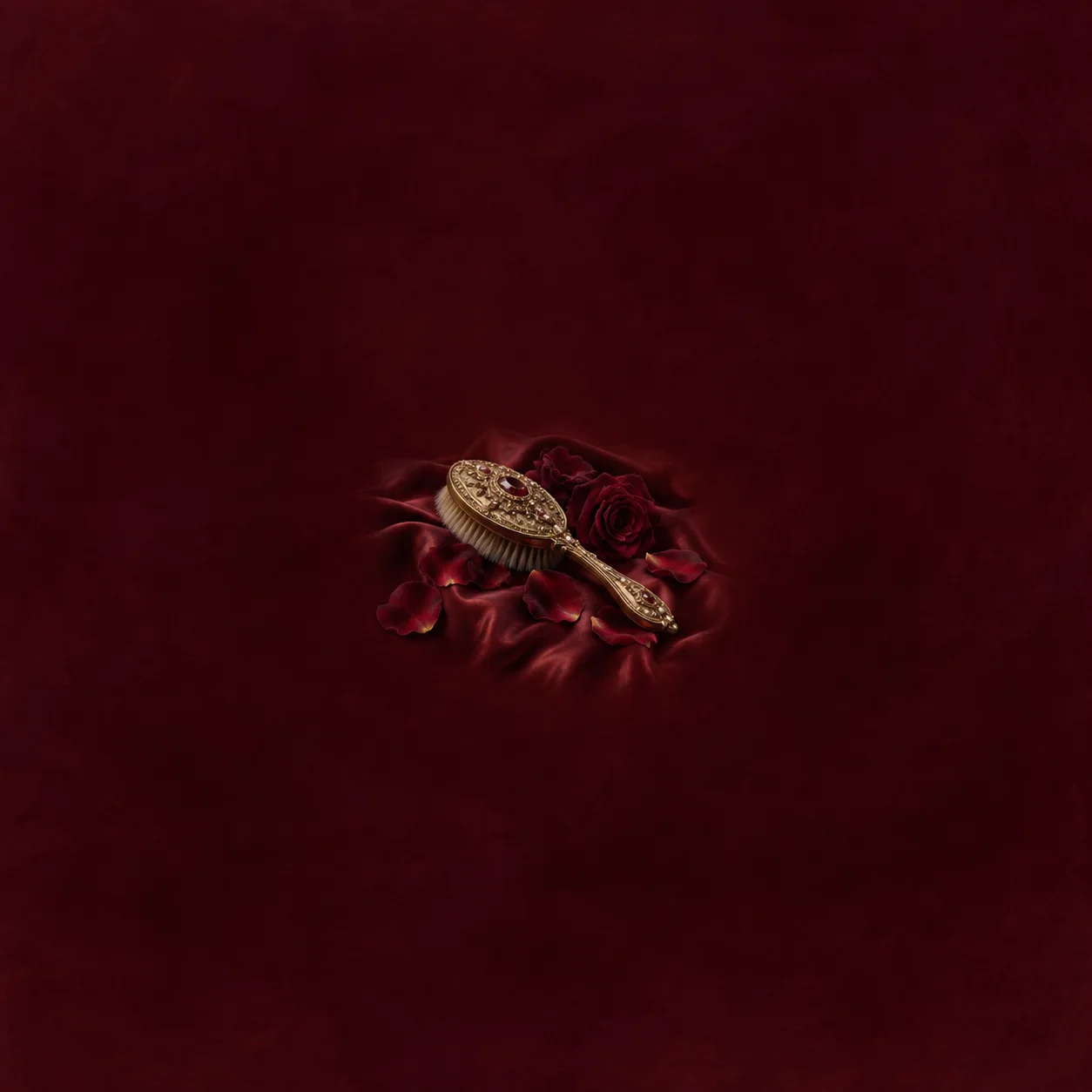An ornate gold hairbrush rests beside a red rose on folded burgundy satin.