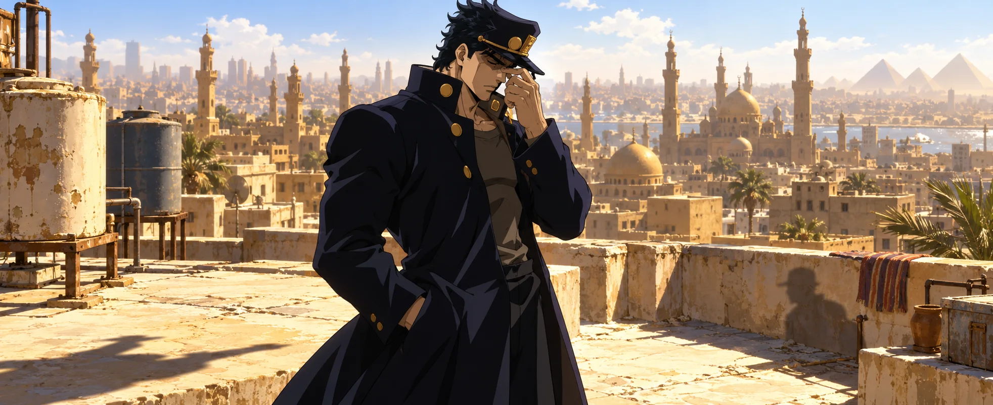 Anime illustration: a tall young man in a long dark coat and peaked cap pinches the bridge of his nose in exasperation on a sunlit rooftop, overlooking a sprawling desert city of minarets and domes with pyramids on the horizon.