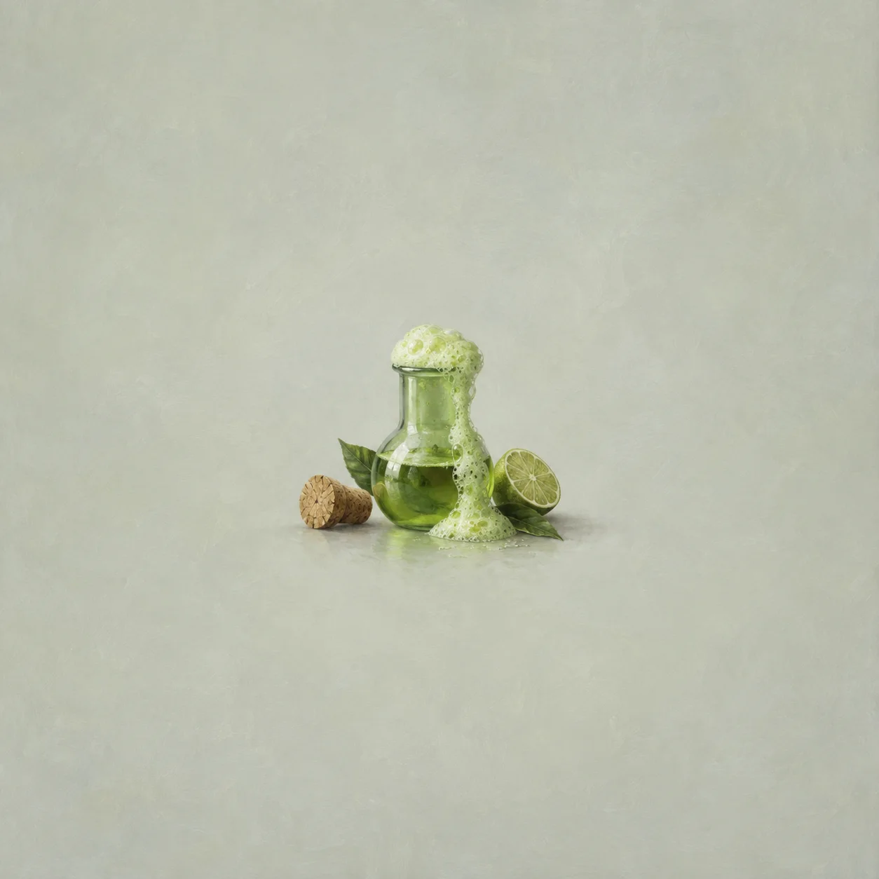 A glass flask of green liquid overflowing with pale green foam, with a cork, lime slice and leaves nearby.