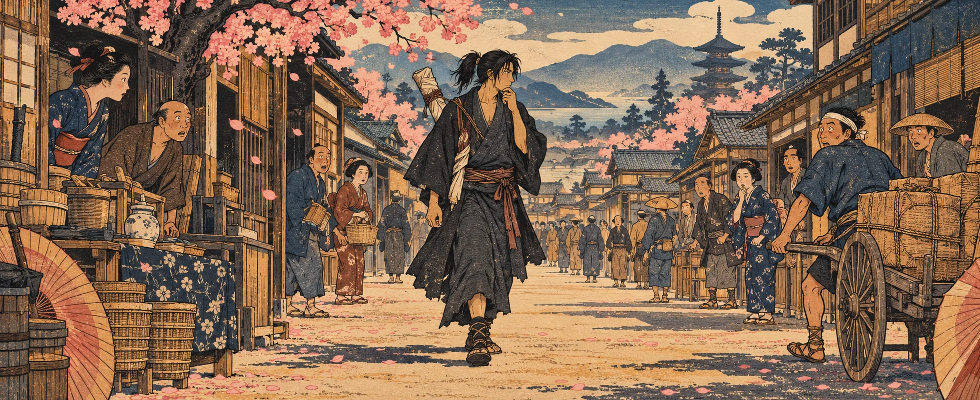 A long-haired swordsman in a faded kimono walks calmly down a busy Meiji-era market street under cherry blossoms.