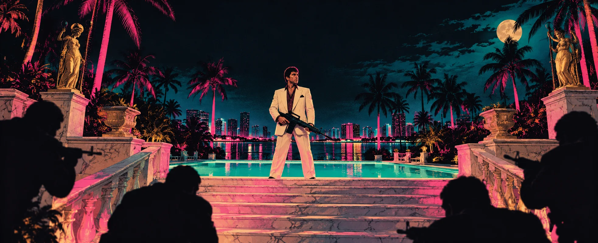 A man in a white suit stands with a rifle at the top of the marble steps of a neon-lit Miami mansion at night as armed silhouettes close in.