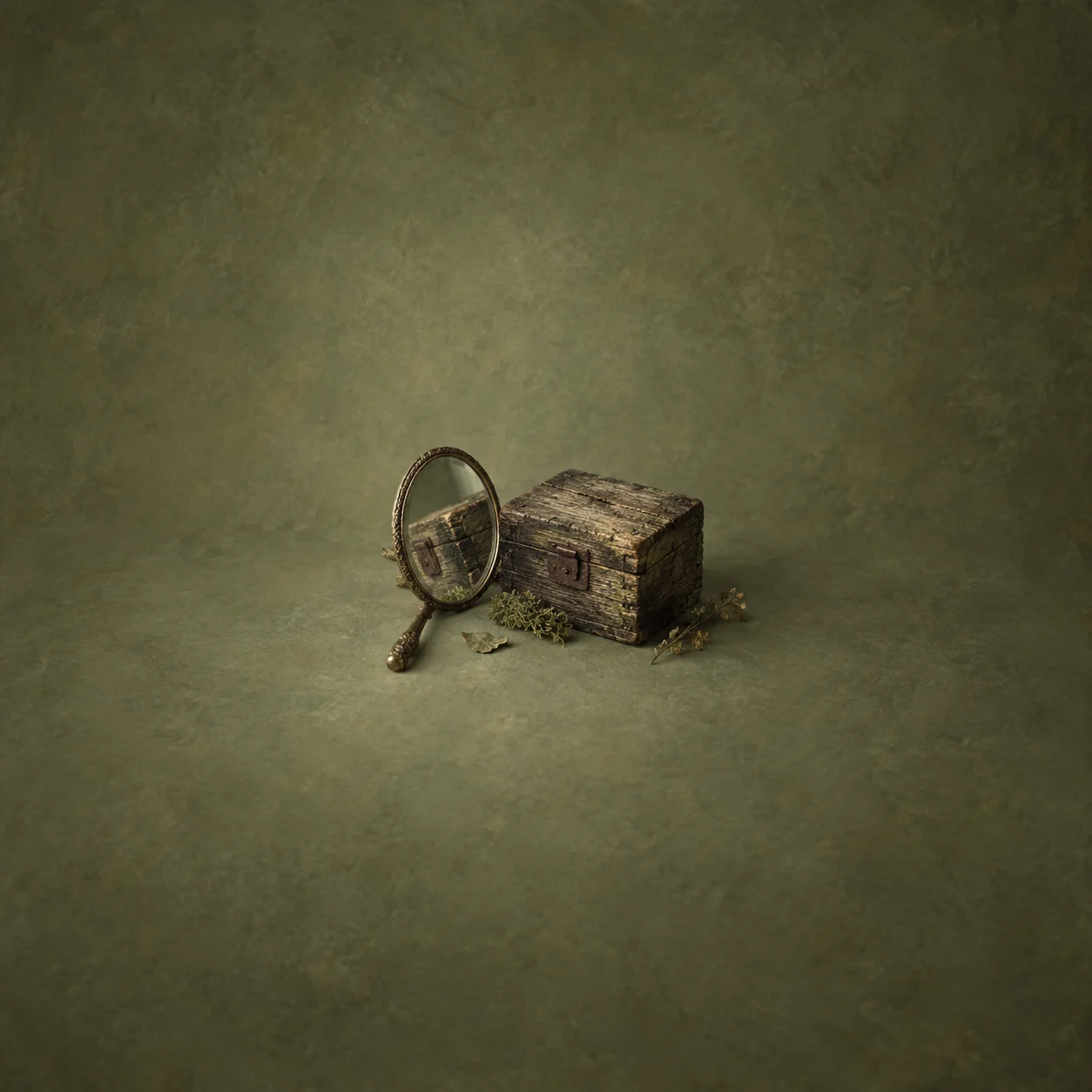 A hand mirror leans beside a weathered wooden box on a moss-green surface.