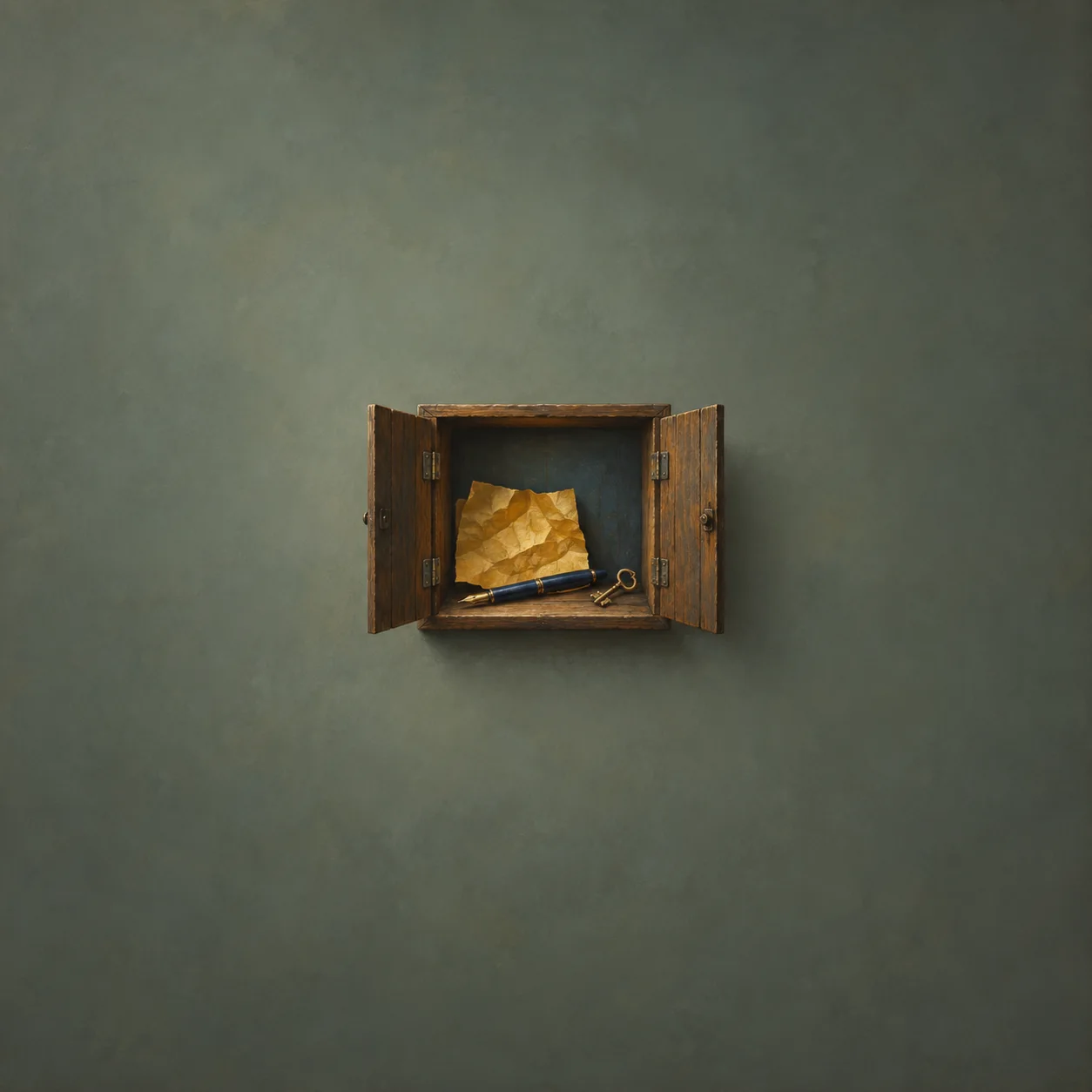 An open wooden wall box holds crumpled yellow paper, a fountain pen and a small brass key.