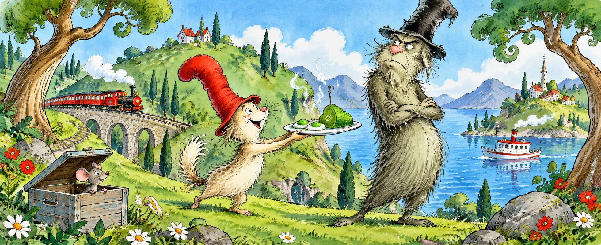 On a bright storybook hillside, a small furry creature in a red hat holds out a plate of green eggs and ham to a grumpy creature in a battered black hat.