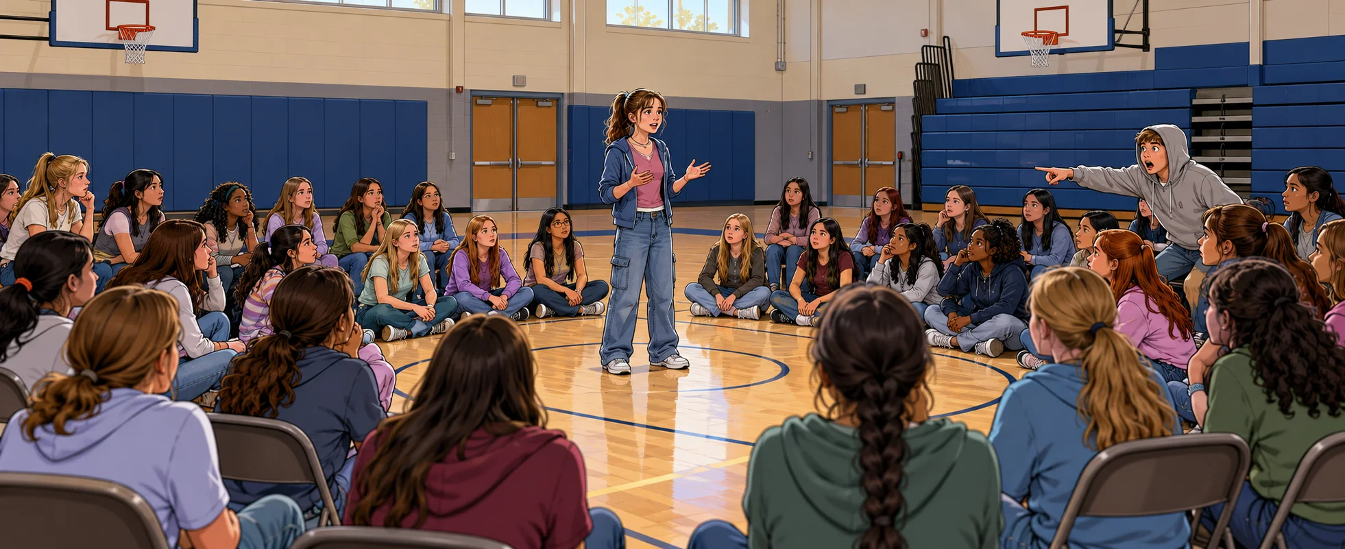 Junior girls sit in a circle on a school gym floor as a boy in a grey hoodie half-stands and points at the girl speaking.