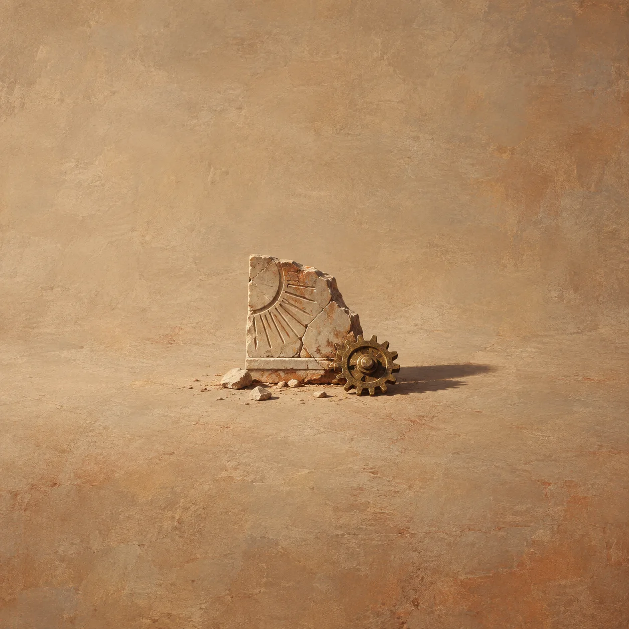 A broken stone tablet with a carved sun pattern stands beside a tarnished brass gear on sandy ground.