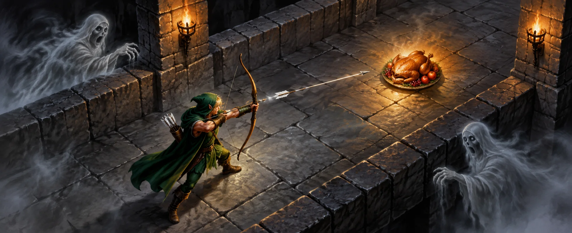 An elf archer looses an arrow at a roast dinner on a dungeon floor as ghosts lurk.