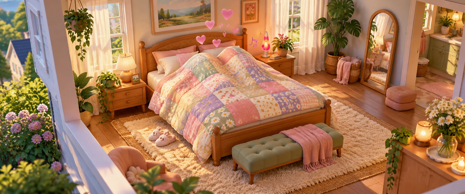 A double bed's patchwork quilt bounces over two hidden Sims as little pink hearts float up in a bright, dollhouse-style bedroom.