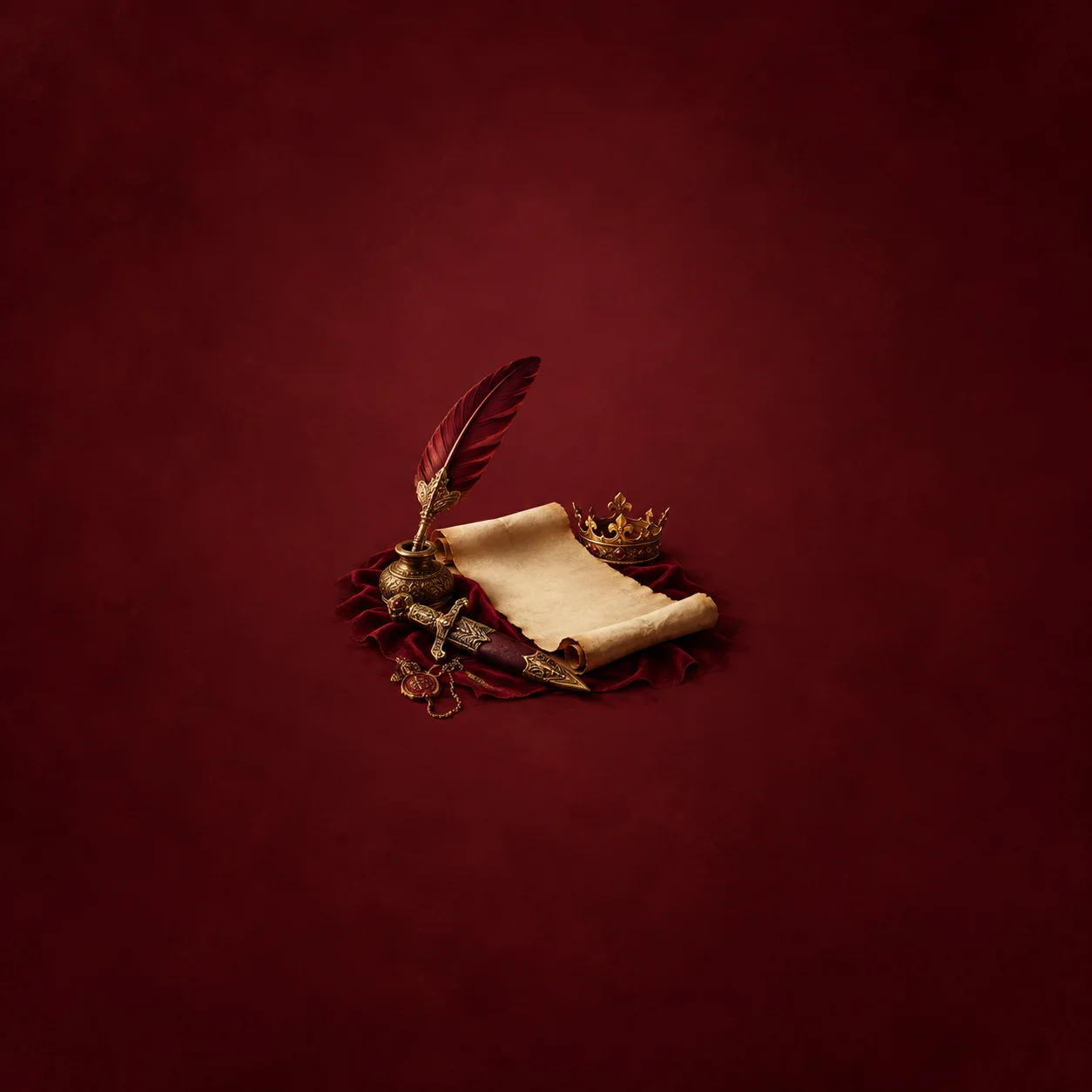 Painterly red feather quill, blank parchment scroll, small crown and ornate dagger on crimson fabric.