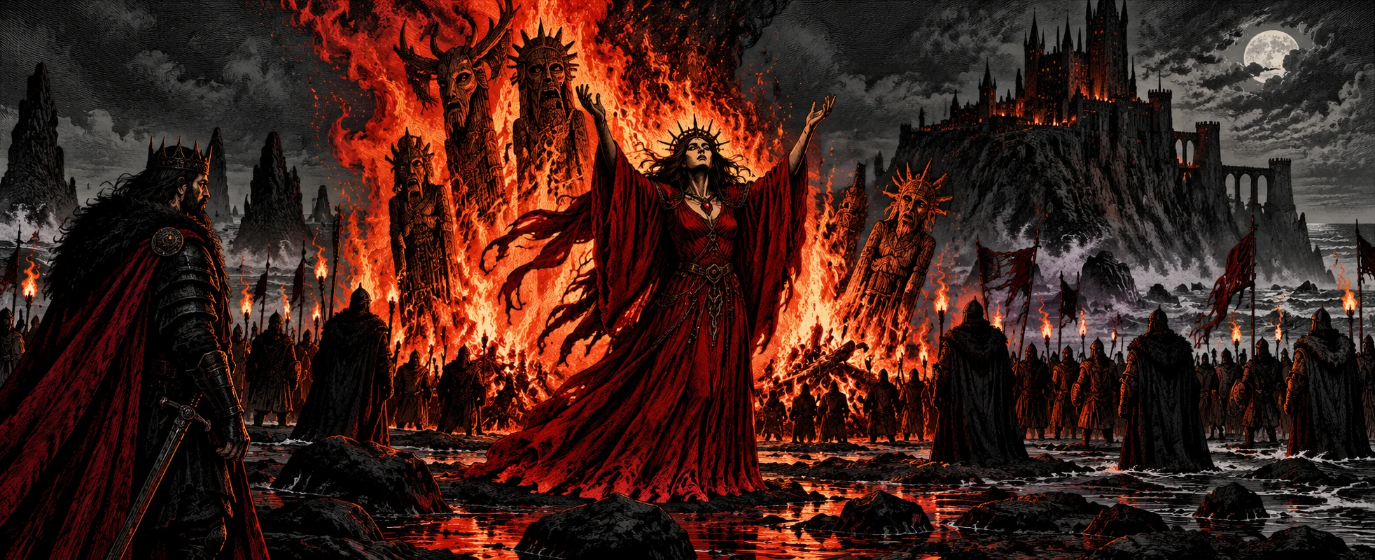 A red priestess with raised arms stands before a roaring bonfire of carved statues on a night beach below a black castle, ranks of soldiers watching, in black and red.