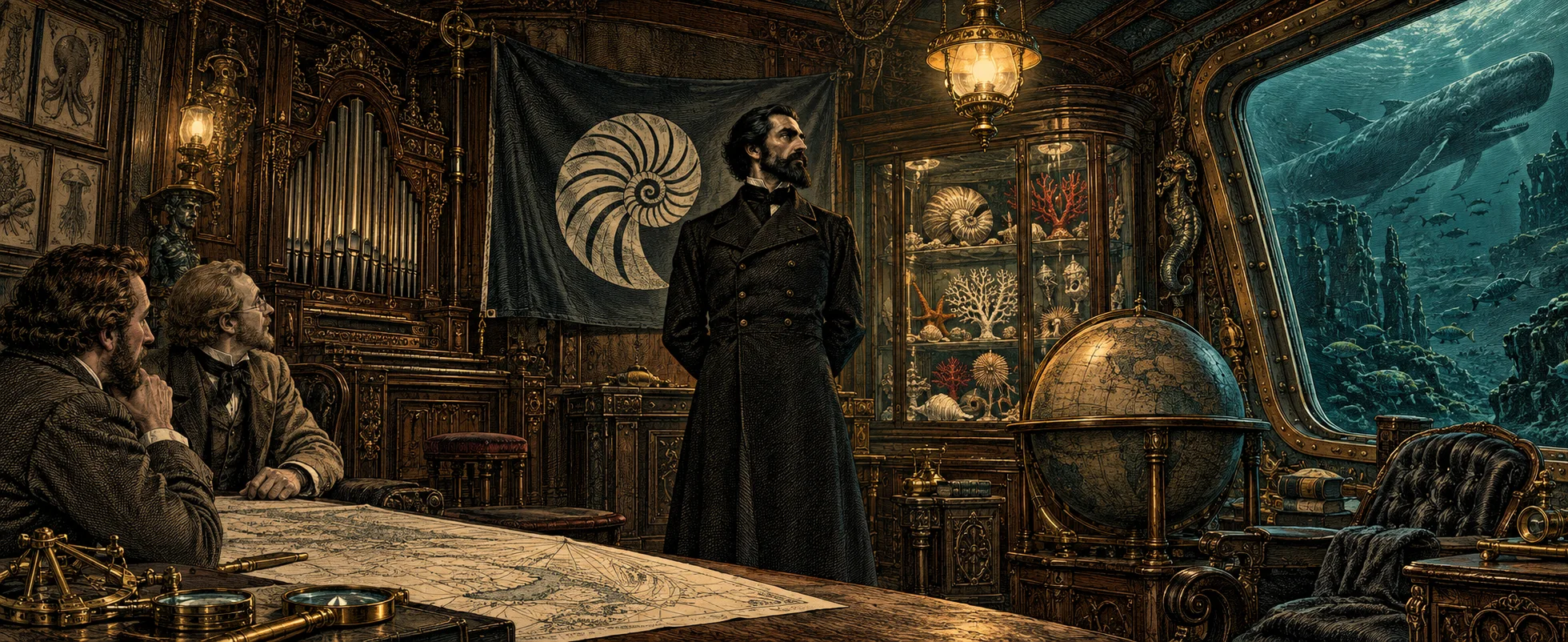 A bearded captain in a dark frock coat stands beneath a spiral-shell banner in a panelled submarine salon as two guests watch, a whale beyond the great window.