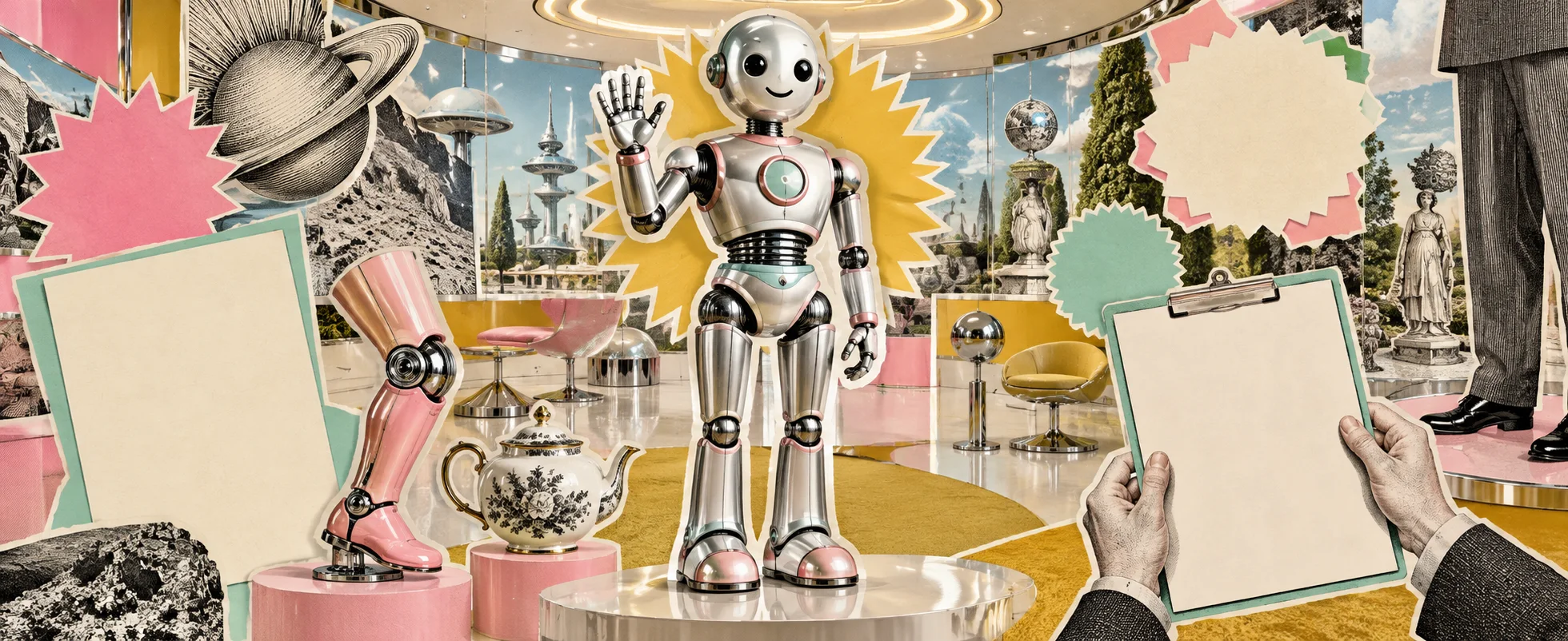 A smiling chrome robot waves from a pastel showroom pedestal in a cut-out collage of retro-future shapes.