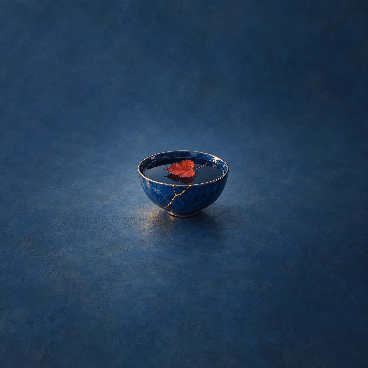 A deep-blue bowl repaired with gold seams holds dark water and a floating red heart-shaped leaf.