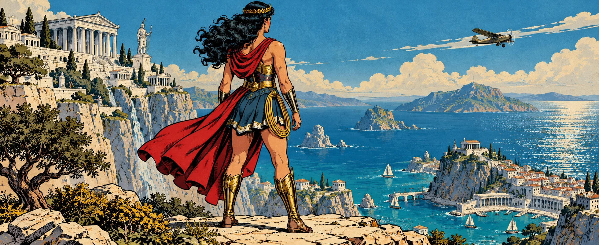 A warrior woman in red, gold and blue, a golden lasso at her hip, stands on a cliff above a sunlit island sea as an old plane circles.
