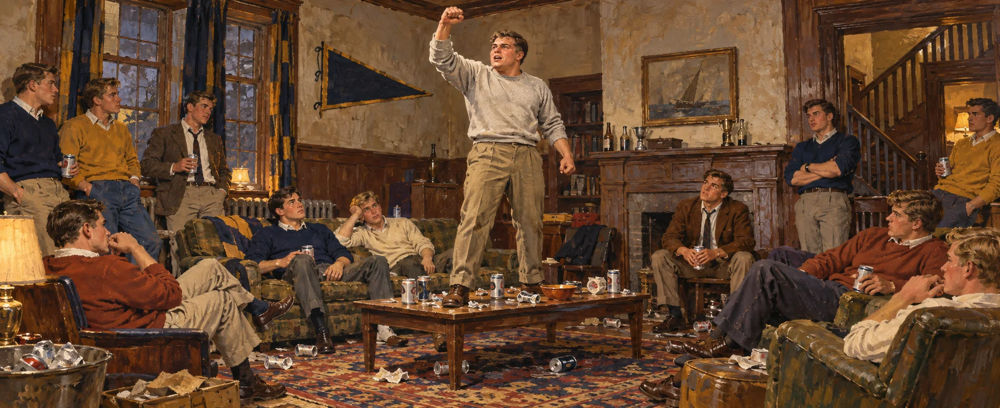 A stocky student stands on a coffee table with his fist raised, rallying his slumped fraternity brothers in a shabby 1960s house.