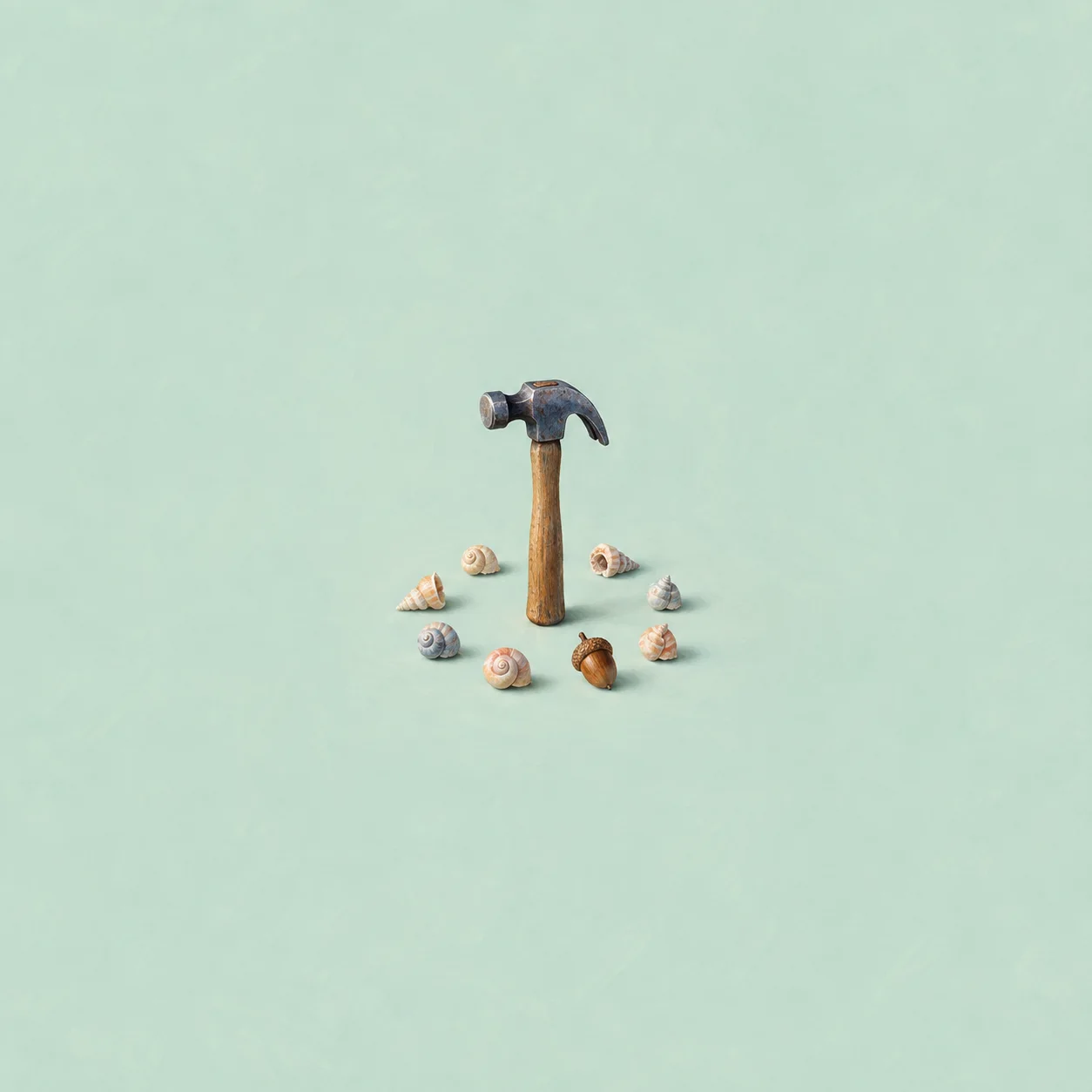 An upright hammer stands among small seashells and an acorn on pale mint.