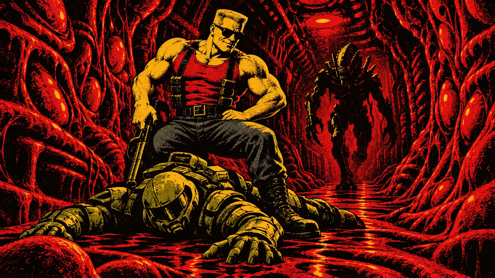 Duke Nukem sits with a grin on the body of a fallen green-armoured space marine in a red, organic alien corridor, a shadowy alien lurking behind, in black and red duotone.