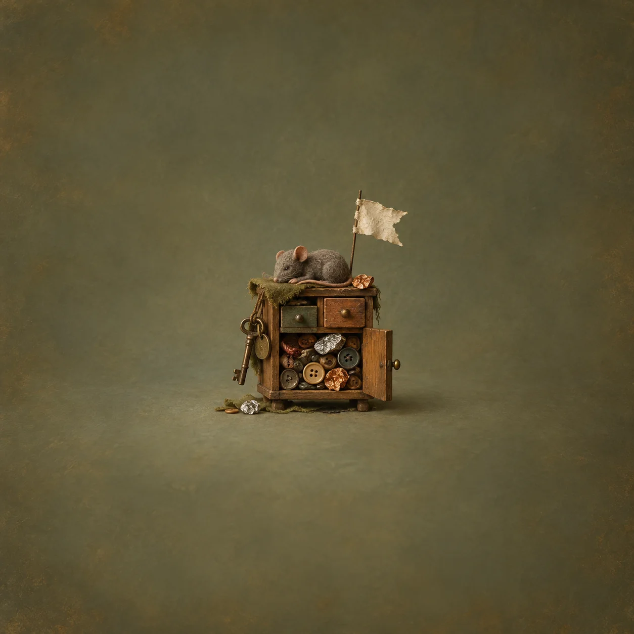 A small open cabinet filled with buttons and scraps has keys hanging at its side, a felt rat on top and a torn pale flag.
