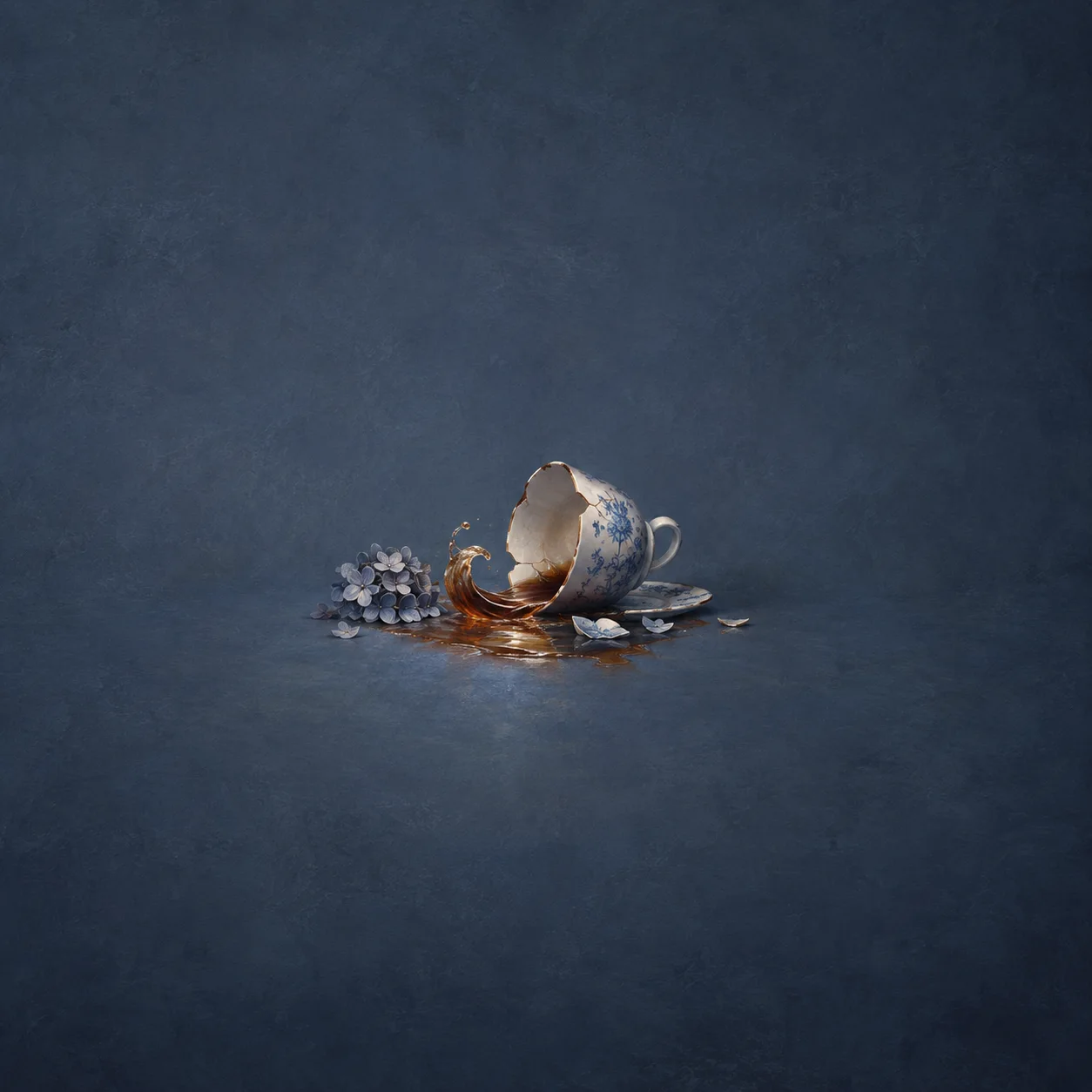 Tea spills in a small wave from a broken blue-and-white porcelain cup beside scattered flowers and shards on a dark blue surface.