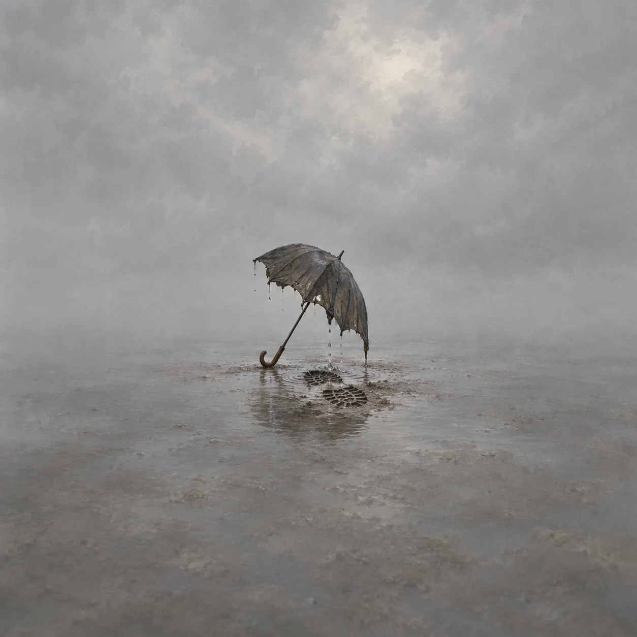 Painterly tattered umbrella over a muddy boot print in grey rain.