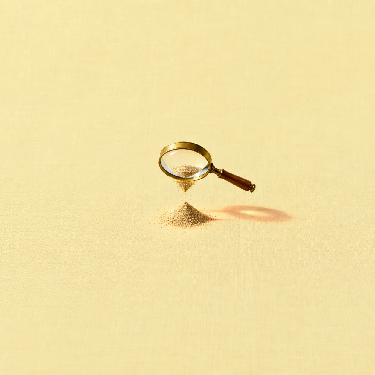 A brass-rimmed magnifying glass hovers above a small mound of sand on yellow fabric.