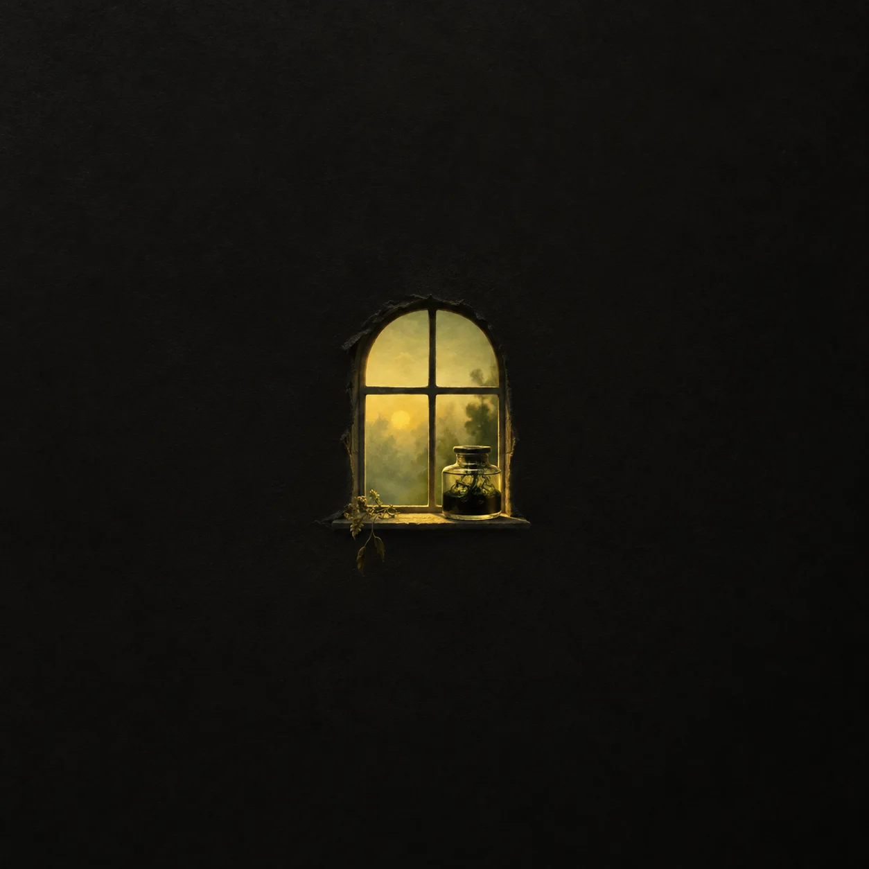 A small glass jar with dark contents sits beneath a yellow-lit arched window in a dark wall.