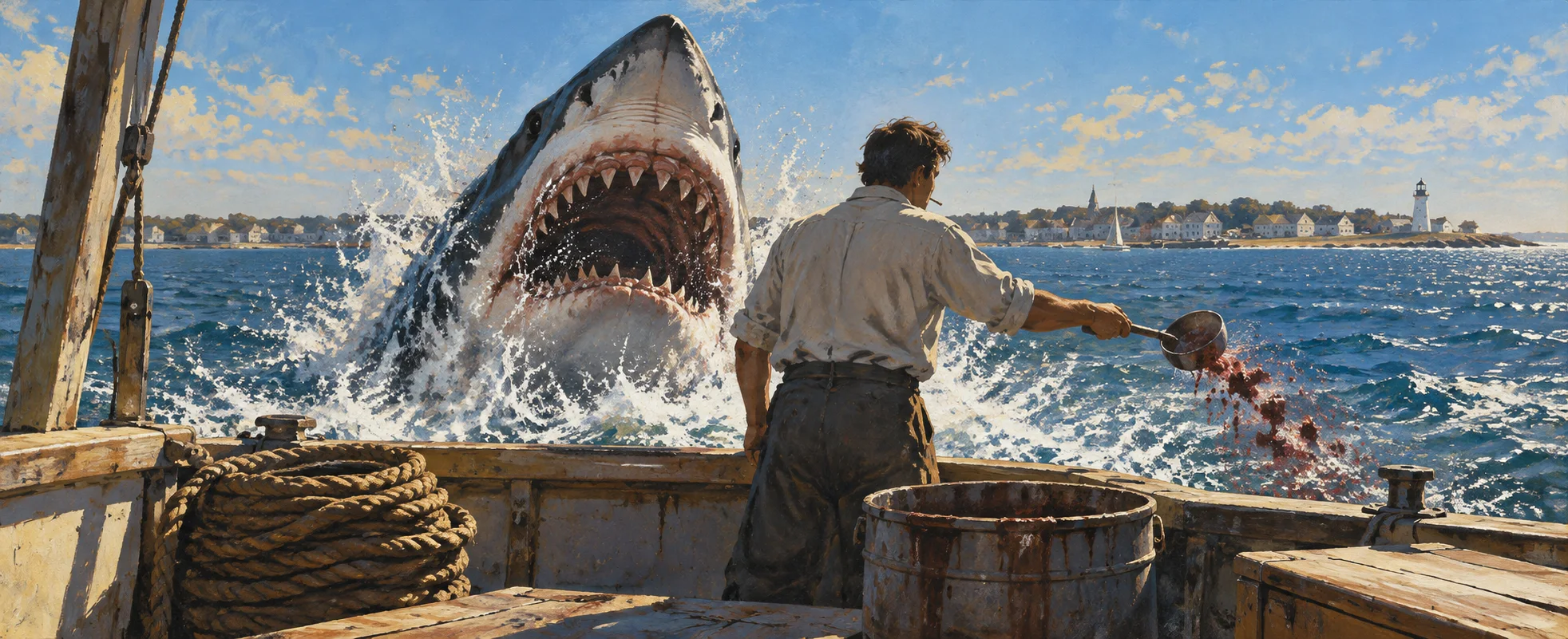 A man ladling chum off the stern of a fishing boat as the huge open-mouthed head of a great white shark rises out of the sea behind him.