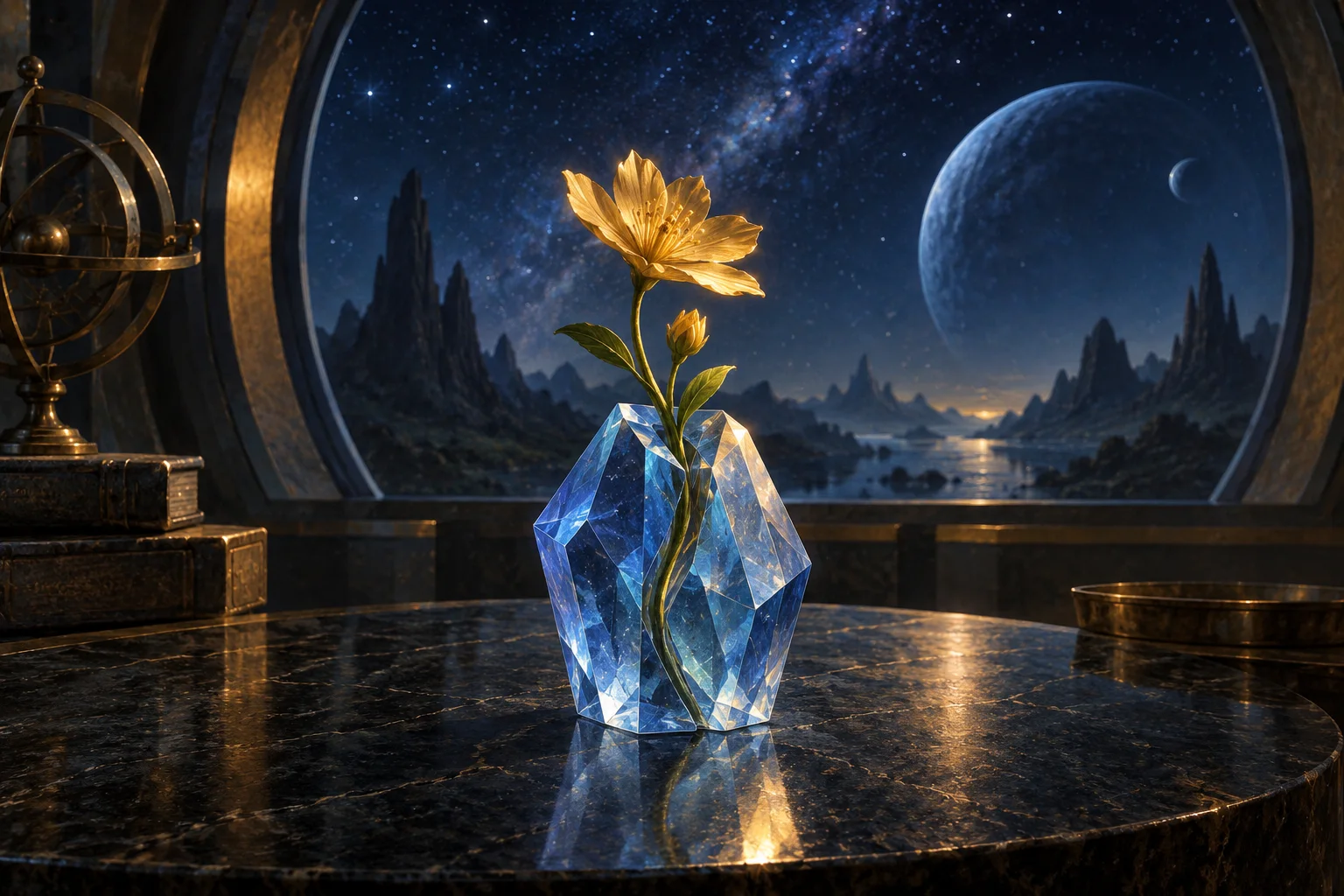 A golden flower grows through a blue geometric crystal on a dark table beneath a star-filled observatory window.