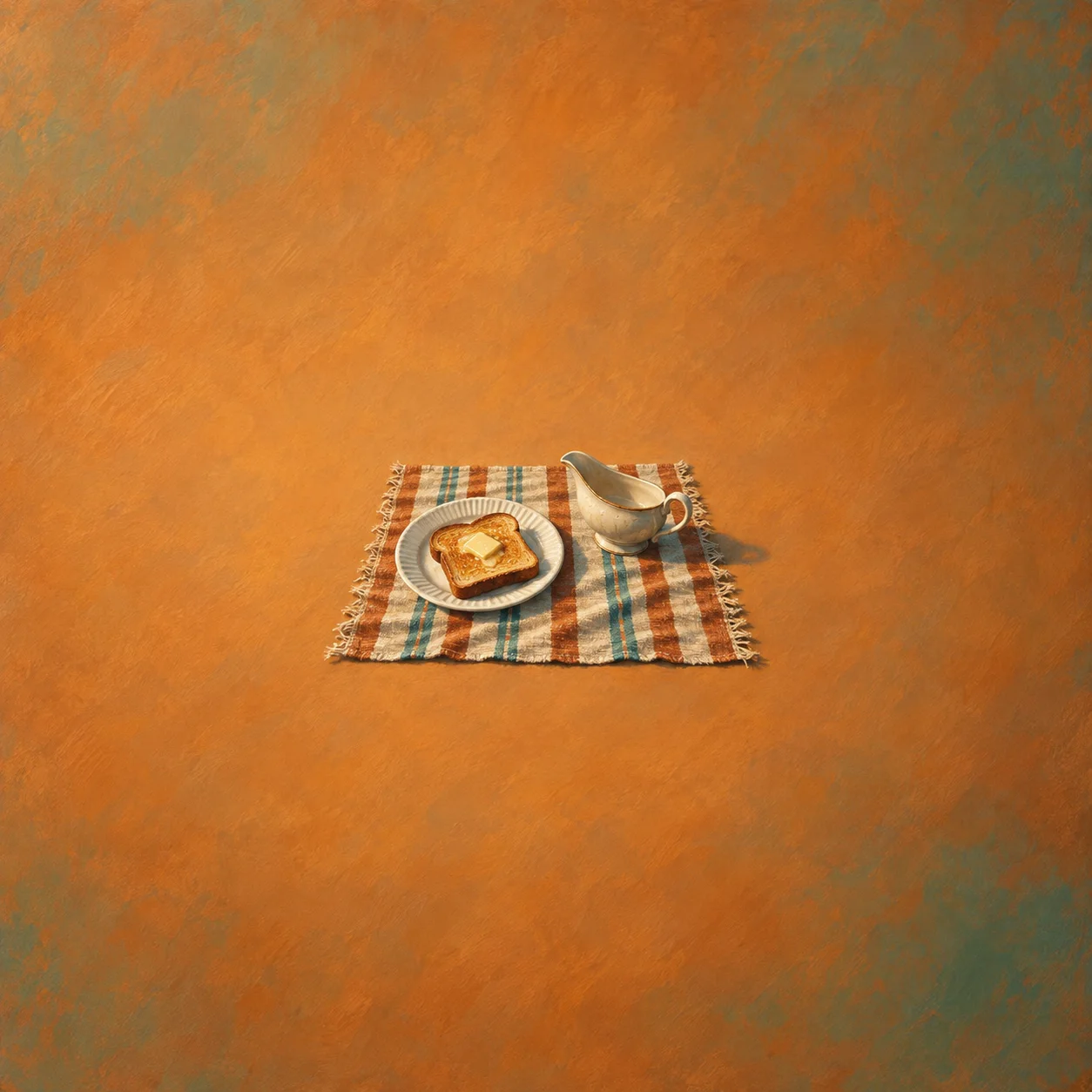 A slice of buttered toast on a plate sits beside an empty gravy boat on striped cloth.