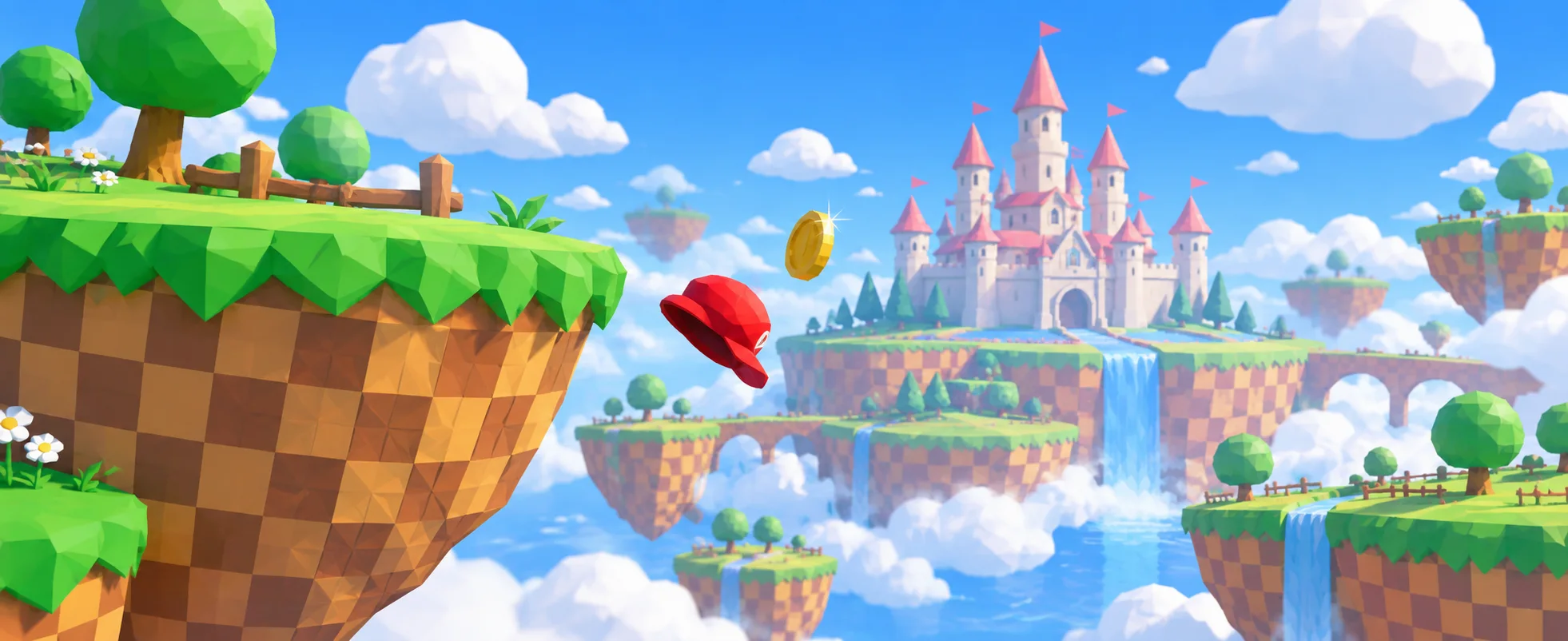 A red cap tumbles through the air past a gold coin beside a floating checkerboard island, with a pastel pink-roofed castle, waterfalls and more floating islands in a bright low-poly sky.