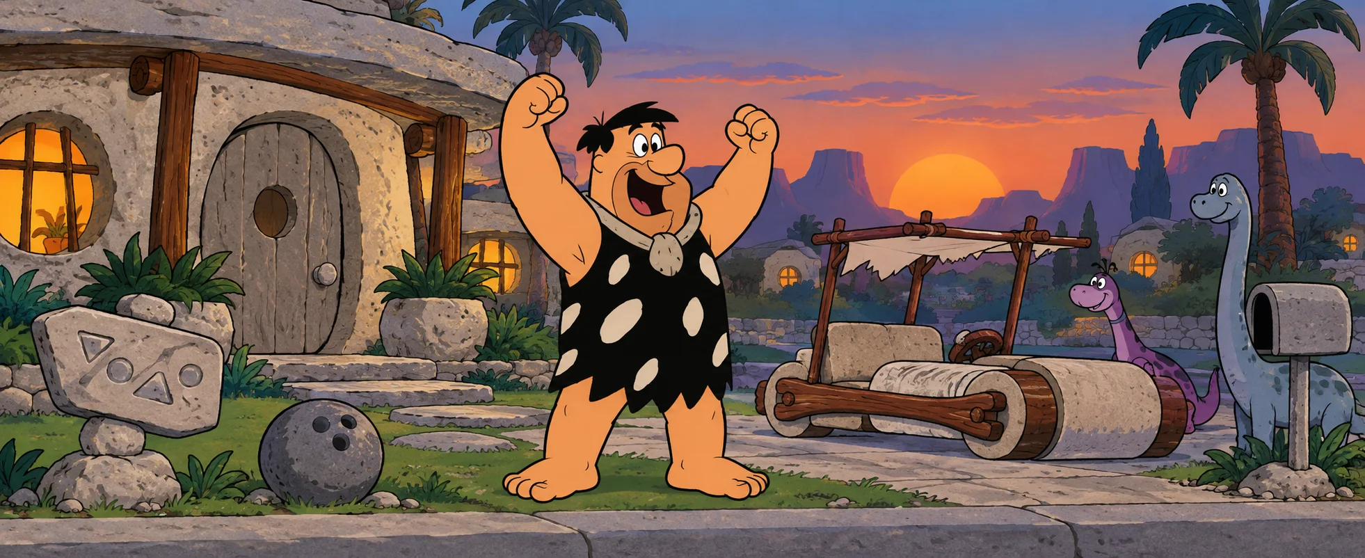 A burly caveman in a spotted orange tunic cheers with both fists up outside a stone house, a log-and-stone car and a dinosaur-shaped mailbox beside him.