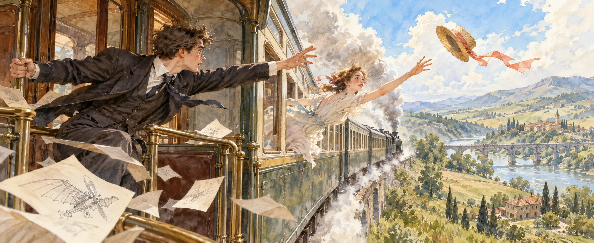 A young man leans from a speeding steam train reaching for his flying straw hat as a girl in a pale dress stretches out from the next carriage to catch it.