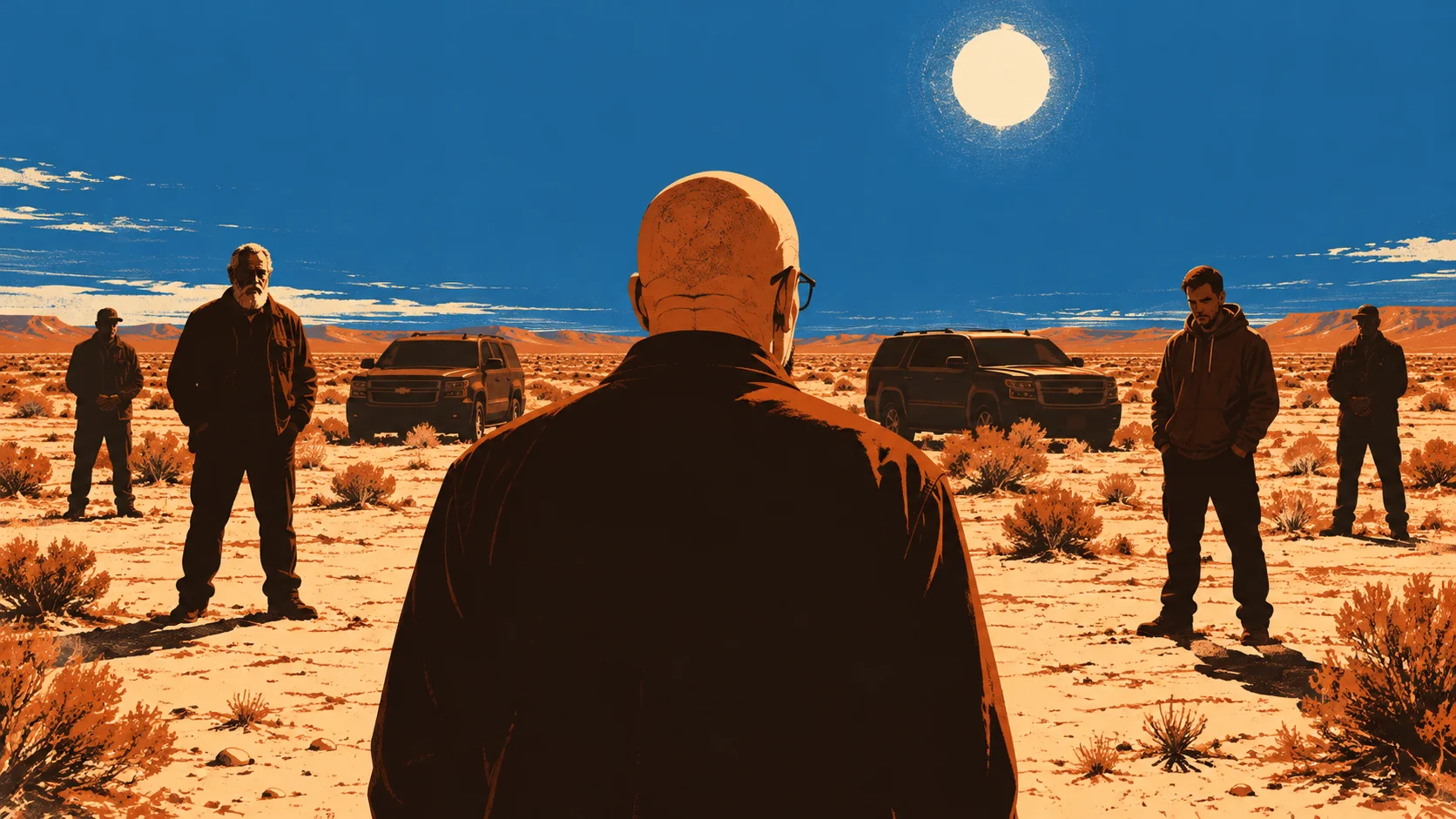 A bald man in glasses faces a small crew across the desert scrub under a white-hot sun, two dark SUVs and two companions flanking him.