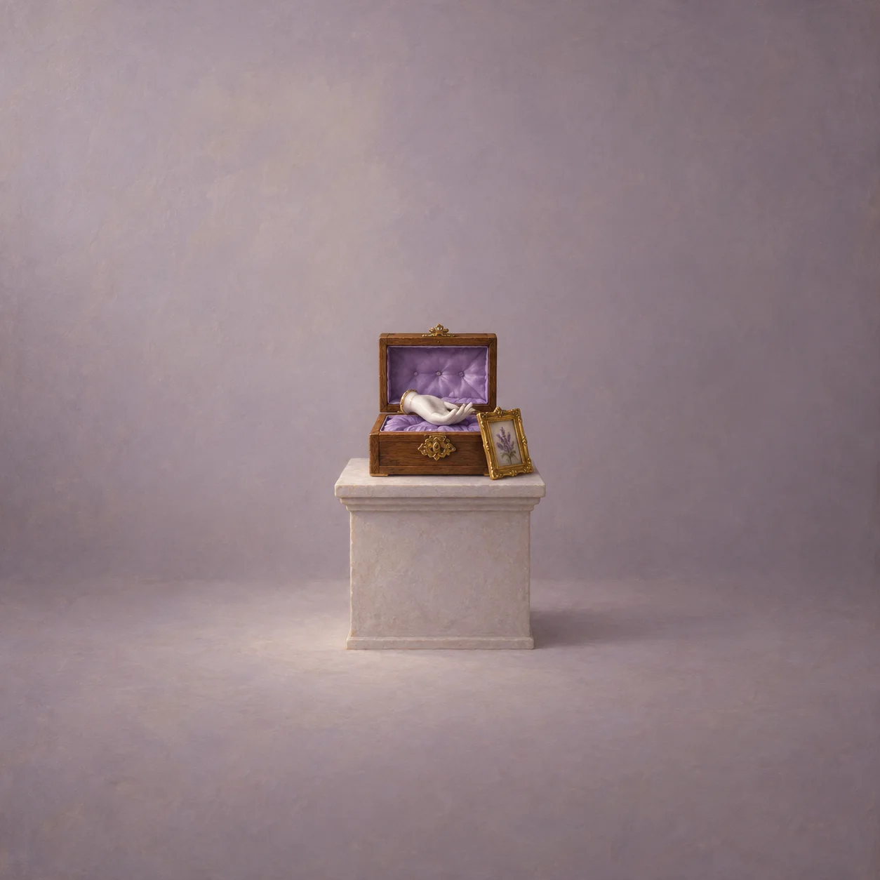 An open wooden box lined with lavender silk holds a pale sculpted hand atop a stone plinth, beside a tiny frame.