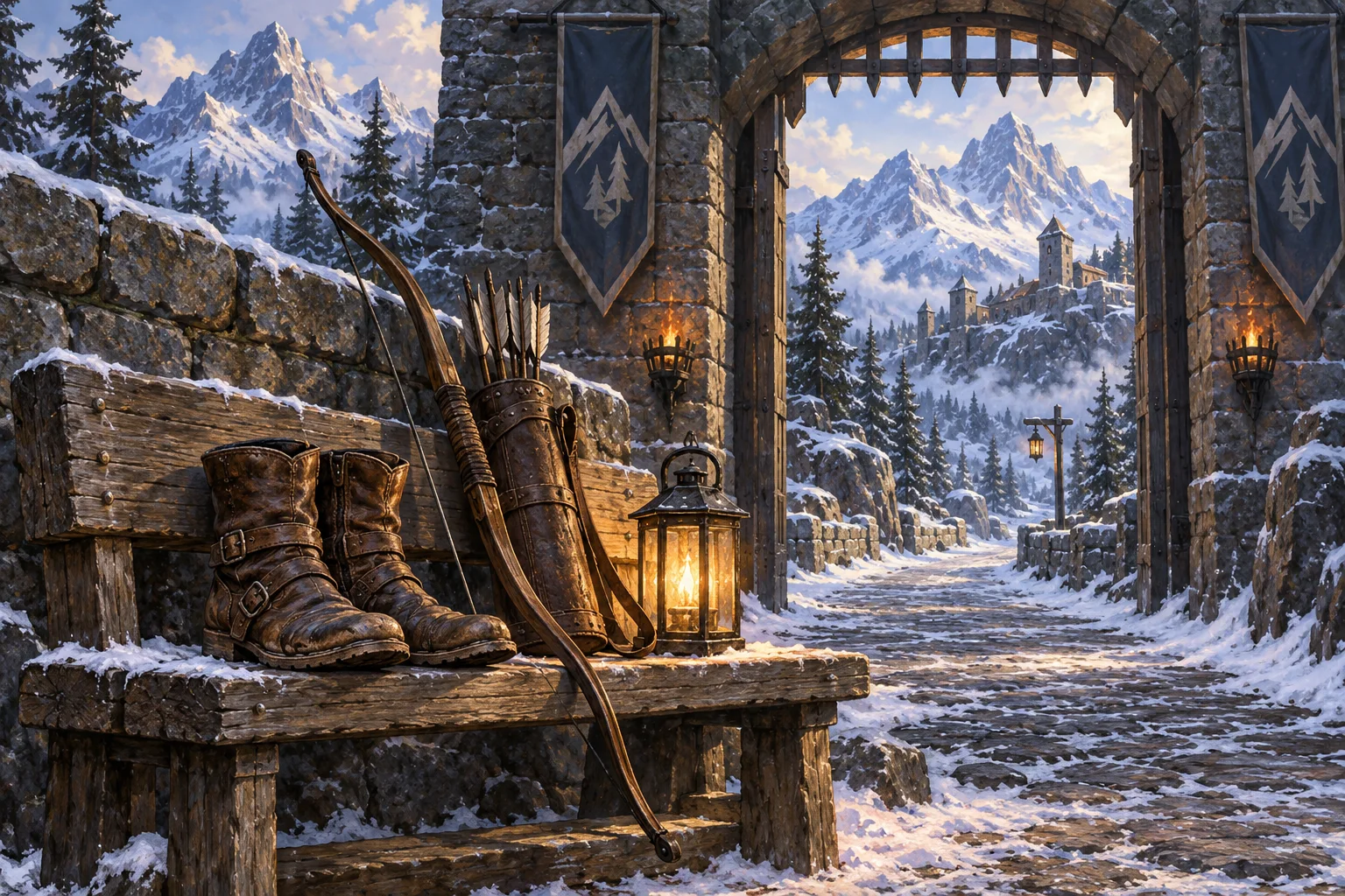 Worn travelling boots, a bow, arrows and a glowing lantern sit on a bench beside a snowy northern town gateway.