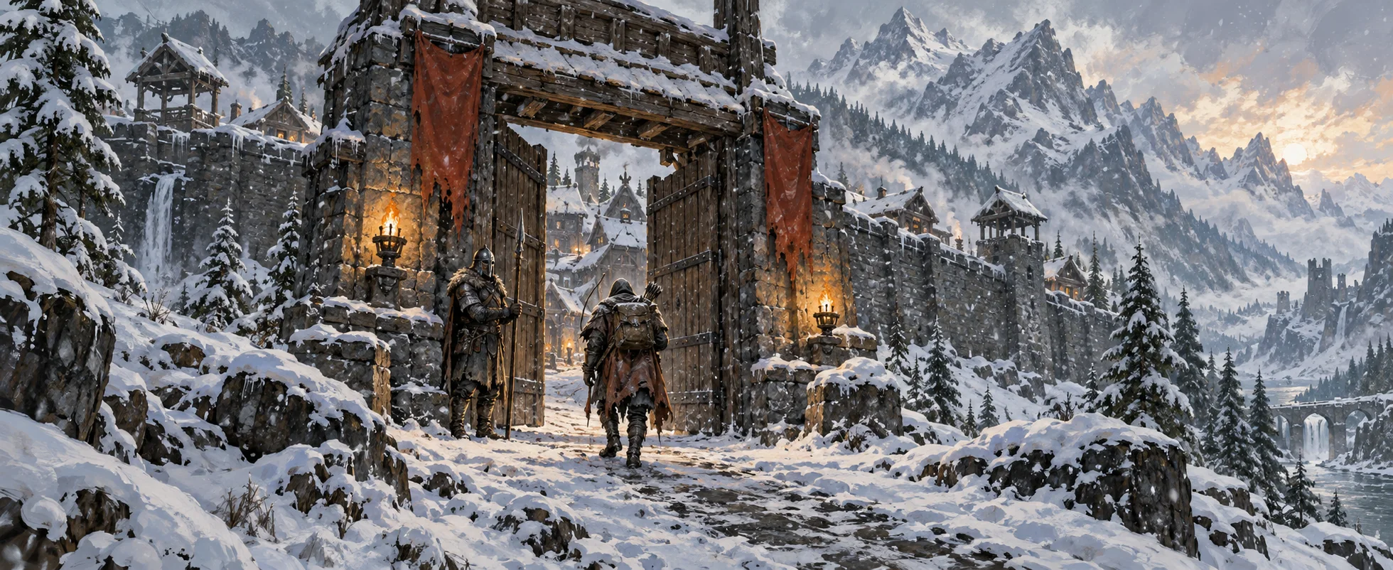 An armoured guard stands by the timber gate of a snowbound Nordic town as a weathered adventurer walks out into the snow.