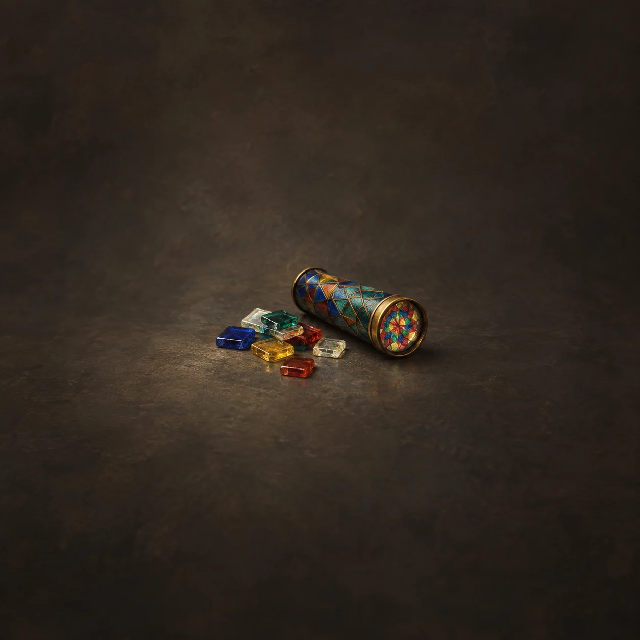 A small heap of colored glass tiles beside a kaleidoscope tube on a charcoal surface.