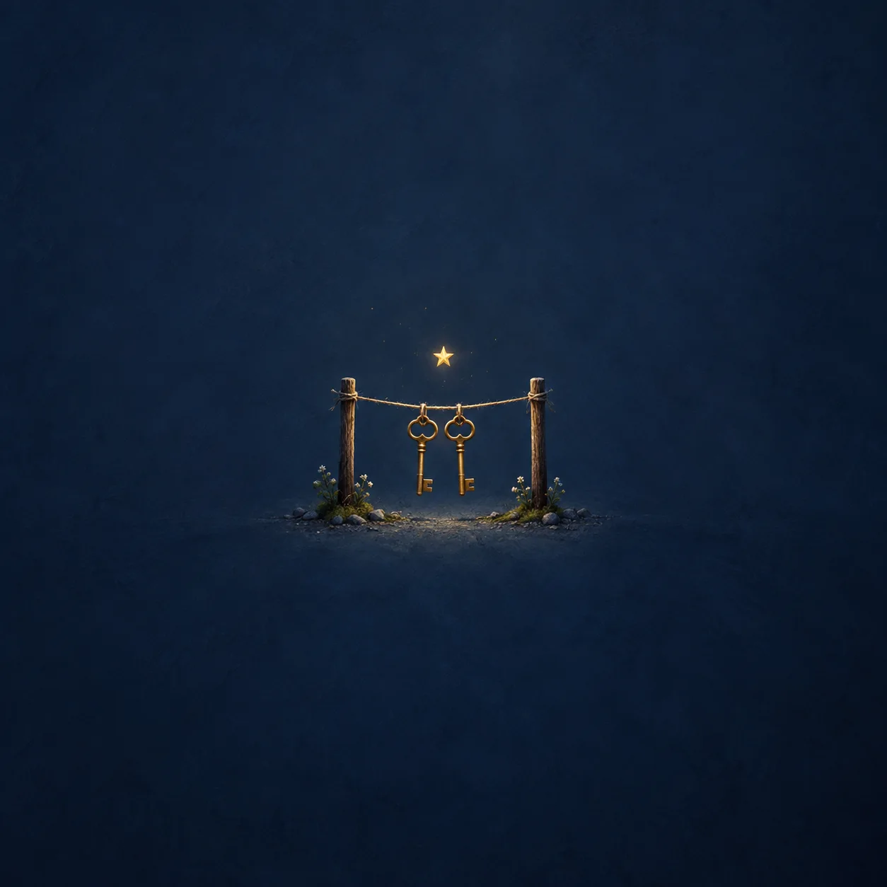 Two brass keys hanging from a cord between wooden posts beneath a small gold star against a dark blue background.