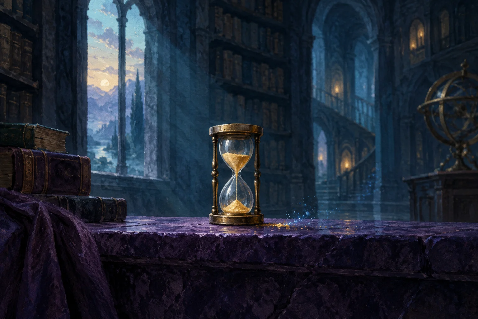 Golden sand falls through a brass hourglass on a violet stone shelf against dark library shadows.
