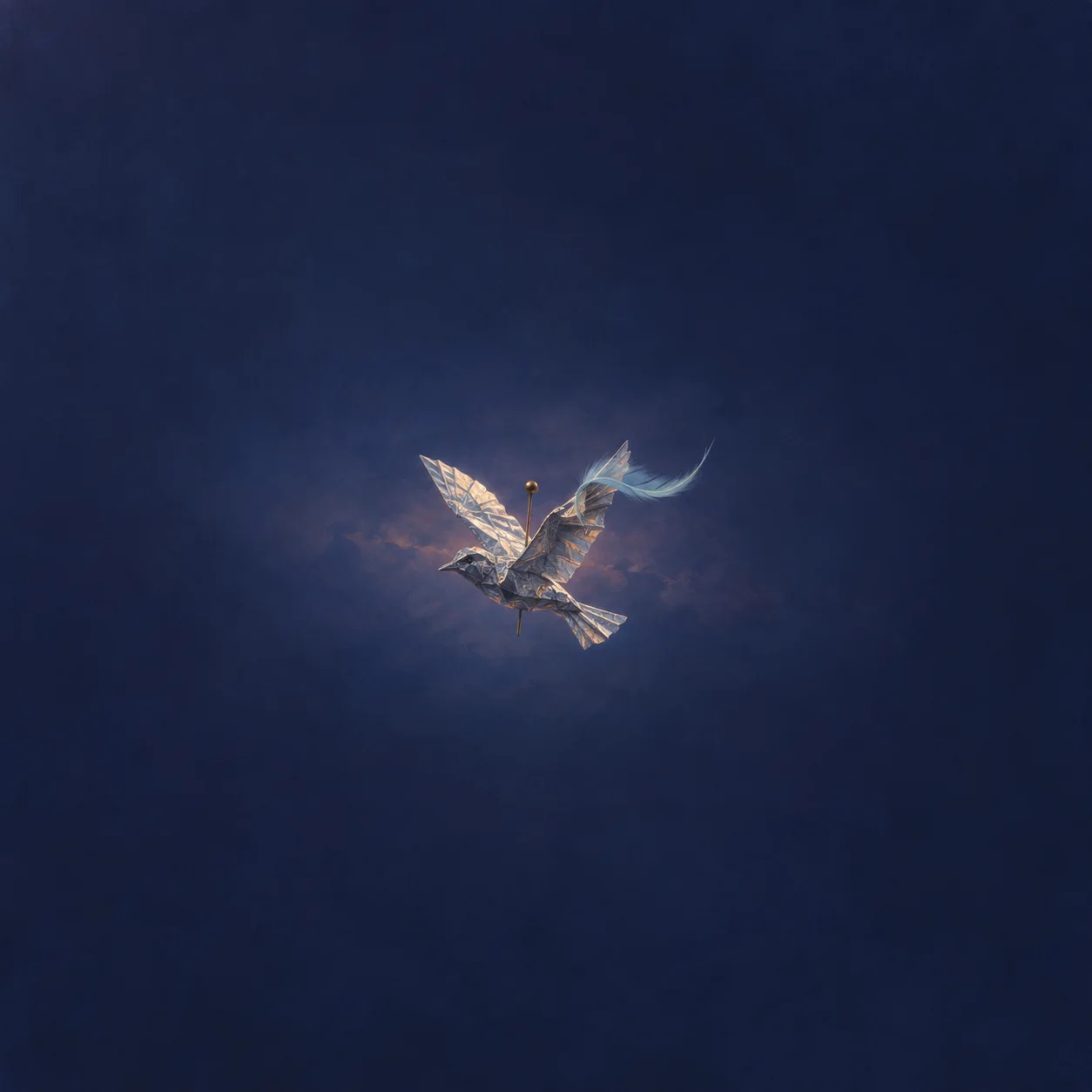 A silver foil bird with angular wings hangs beside a curling pale-blue ribbon against indigo.